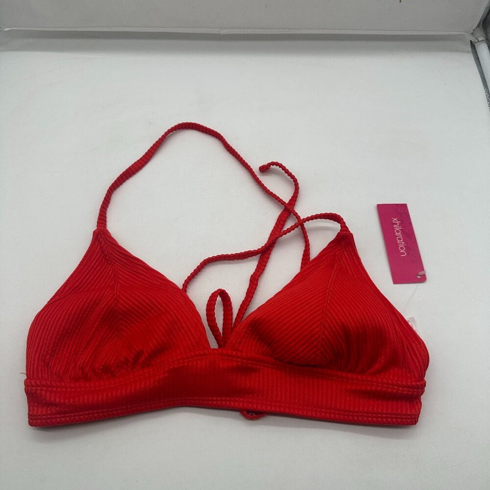 NWT New Xhilaration Womens Juniors Red Swim Top Bikini Ribbed Large L
